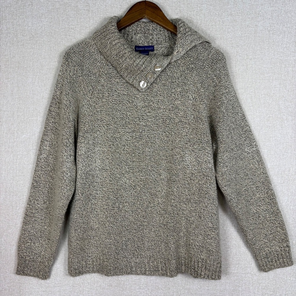 Karen Scott Womens Large Beige Marled Knit Shawl Collar Button Pullover Sweater